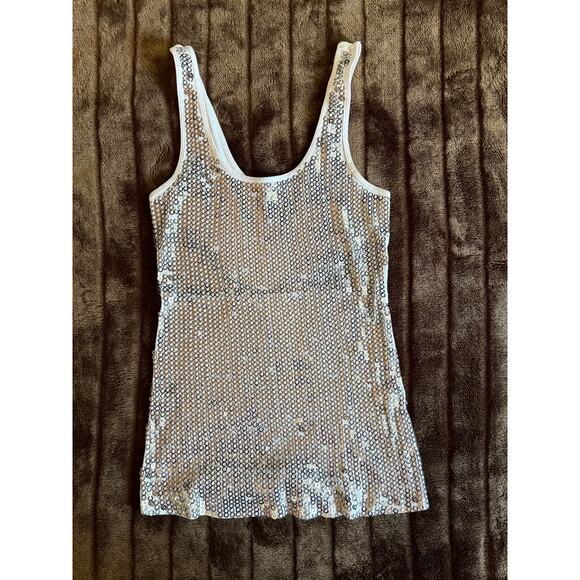 Express S Silver Sequins on White Rib Knit Tank Top - Picture 1 of 9